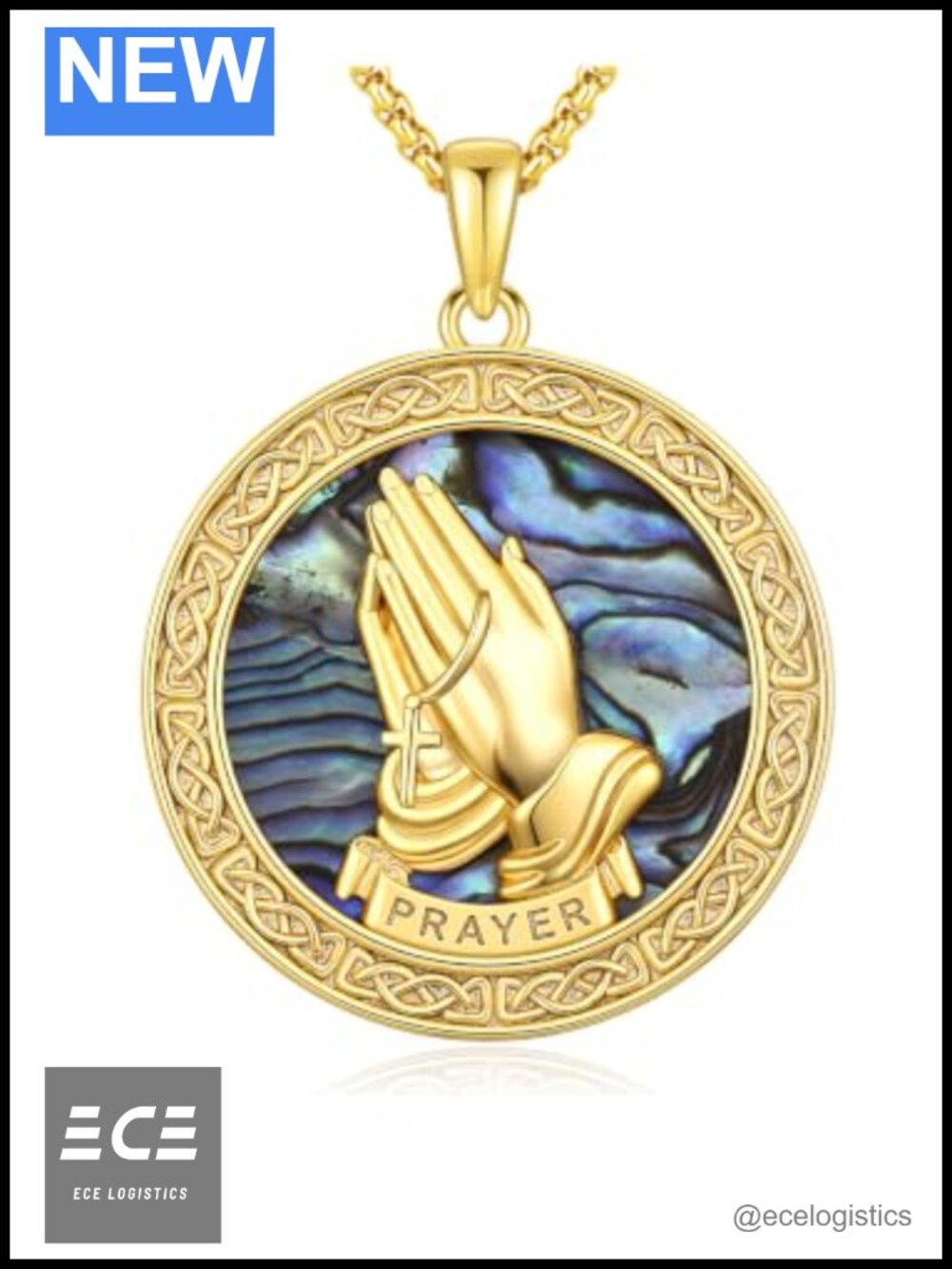 14K Gold Plated Prayer Hands Pendant Necklace Celtic Stainless Steel Chain